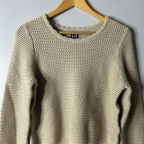 Gap Cream Crochet‎ Crewneck Sweater Open Knit Fisherman Womens Medium Neutral - Picture 3 of 7